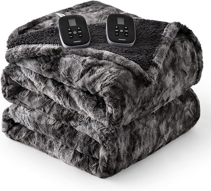 WOOMER Heated Blanket Queen Size, Dual Control, Electric Blanket 84"x 90", Double-Sided Faux Fur&Sherpa, Overheat Protection, 10 Heating Levels & 12H Auto Off, CPF, Home Office