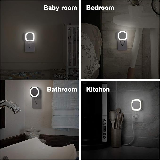 2 Pack Daylight White Night Light, Gentle Eye-Care with Dimmable Wide-Glow & Indirect Reflection, Auto Dusk to Dawn Sensor, Plug in for Kitchen Counter, Garage Workshop, Laundry, Hallway