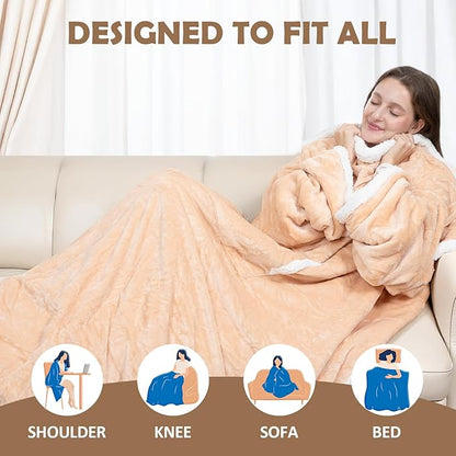 Wearable Heated Blanket with Foot Pocket, 52"x72" Electric Blanket with Sleeves for 12 Hours Timer, 6 Heat Settings, Flannel & Sherpa, Beige