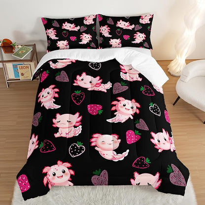 Cute Axolotl Bedding Set Twin Size,Pink Axolotl Strawberry Printed Comforter Sets Aesthetic Bedding for Kids Girls,Beach Coastal Animal Themed Comforter Sets with 2 Pillowcases.