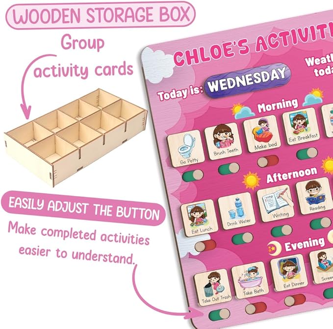 Wooden Chore Chart for Kids Visual Schedule, Routine Chart for Kids, Morning Bedtime Routine Chart for Toddlers Ages 2-4, Daily Kids Schedule Board for Home (15)