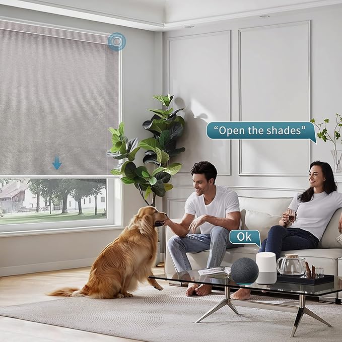 Motorized Light Filtering Roll Shades Work with HomeKit, 50% Blackout Smart Blinds for Windows, Electric Blinds with Remote, APP/Voice Control, Automatic Solar Shades,Sunscreen PVC Free Stone