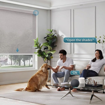 Motorized Light Filtering Roll Shades Work with HomeKit, 50% Blackout Smart Blinds for Windows, Electric Blinds with Remote, APP/Voice Control, Automatic Solar Shades,Sunscreen PVC Free Stone
