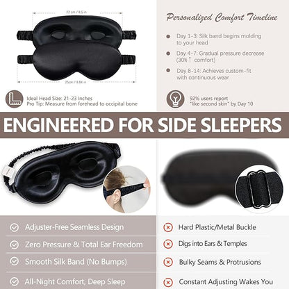 100% Mulberry Silk Sleep Mask as Your Ultimate Silk Eye Mask for Sleeping | Adjuster-Free 3D Contour for Petite Heads (21-23") | Zero Pressure Design | Yueerbao (Black)