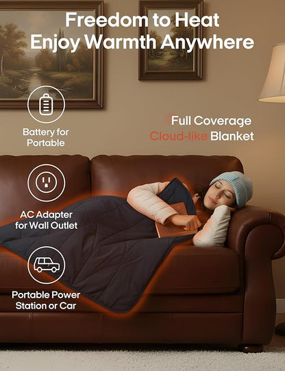 ZonLi Heated Blanket Battery Operated, Wearable Portable Electric Blanket with Rechargeable Battery, 50"x60" Cordless Heated Blanket, Waterproof, Machine Washable(Indigo)