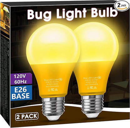Briignite Bug Lights for Outside, Bug Light Bulbs, 60W Yellow Light Bulbs Outdoor Equivalent 9W, A19 E26 LED Amber Light Bulb, Non-Dimmable for Porch Lights, 2 Pack
