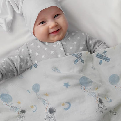 GLLQUEN BABY Receiving Blanket Boy Cotton Muslin Swaddle Blankets Girl Newborn Squares Breathable & Soft Thin Baby Blankets Cloths Double Absorbent Infant Swaddling Wrap - 6 Pack (Blue Astronaut)