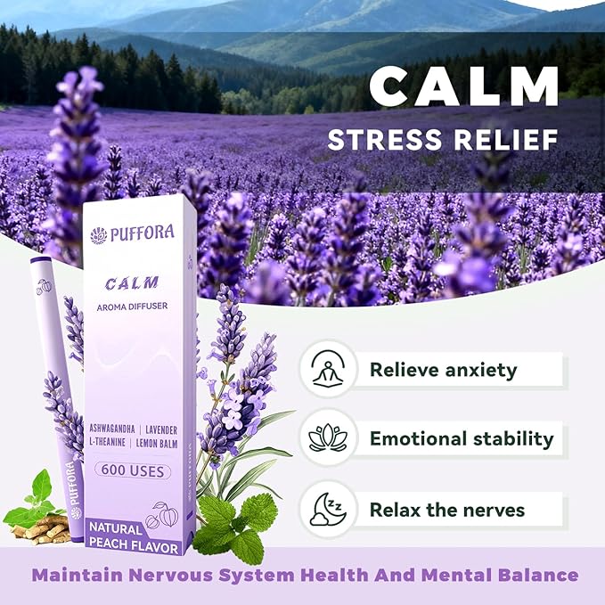 Herbal Diffuser Pen, Plant-Based - Ashwagandha, Lavender, L-Theanine, Lemon Balm, Vitamin B1 & B6, Supports a Calm Mood, Relaxed Feelings, 600 Uses