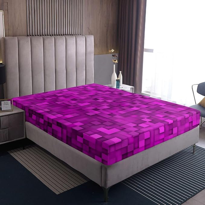 Pixelated Game Boys Girls Bed Sheets,Pixel Blocks Video Games Room Decor,Gamepad Geometric Patchwork Kids Twin Size Fitted Sheet,Purple Bedding Set,1 Pillowcase(No Flat)