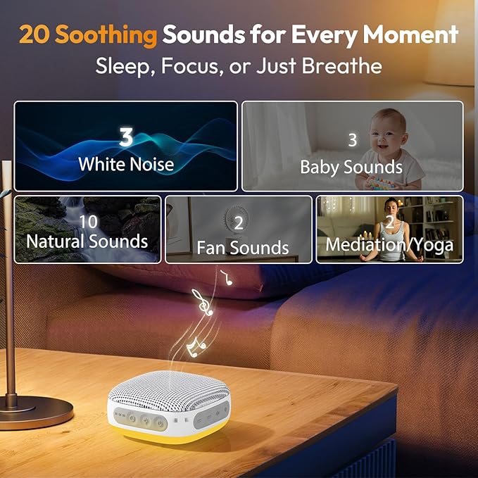 White Noise Sound Machine for Sleeping Adults – with Amber Breathing Night Light, Headphone Jack, 20 Non-Looping Sounds, 52-Hour Battery, Timer & Memory (White)