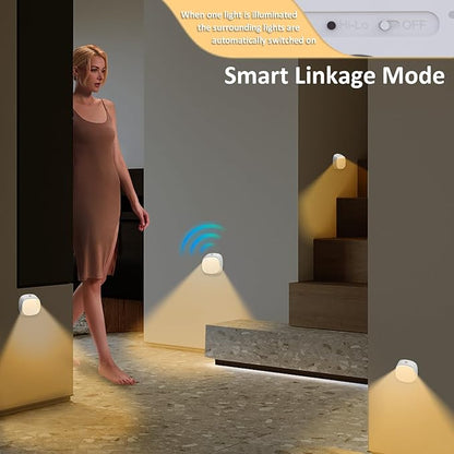 Motion Sensor Night Light Rechargeable - Wireless LED Safety Lights with 6-Month Battery Life, Link Mode Technology, 3000K Warm White for Stair, Hallway, Bedroom Safety (1 Pack)
