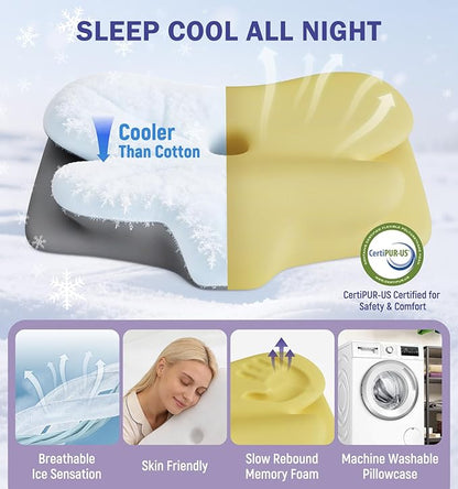 Cooling Cervical Pillow for Neck and Shoulder Pain Relief, Ergonomic Contour Memory Foam Neck Pillow, 2-in-1 Dual Height Orthopedic Bed Pillows for Side Back Stomach Sleepers, Washable Cover