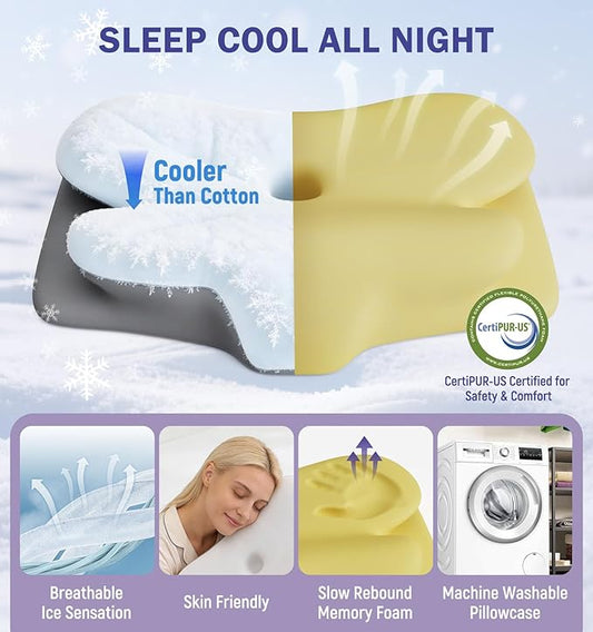 Cooling Cervical Pillow for Neck and Shoulder Pain Relief, Ergonomic Contour Memory Foam Neck Pillow, 2-in-1 Dual Height Orthopedic Bed Pillows for Side Back Stomach Sleepers, Washable Cover