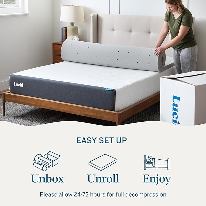Lucid 2 Inch Ventilated Bamboo Charcoal Memory Foam Mattress Topper - Twin XL Mattress Topper