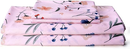 Pink Flower Twin Sheets 3 Piece Set - Botanical Pattern Microfiber Bedding Decor - Breathable, Durable, Up to 16" Deep Pocket Bed Sheet for Girls