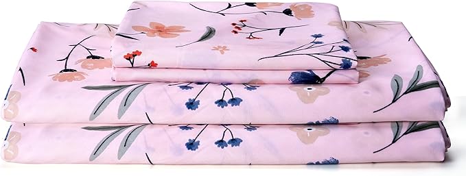 Best Season Pink Botanical Full Sheets Pink Flower Microfiber Bedding Decor - Breathable & Durable Full Bed Sheet Sets - Fits Up to 16 Inches Deep Pocket 4 Piece