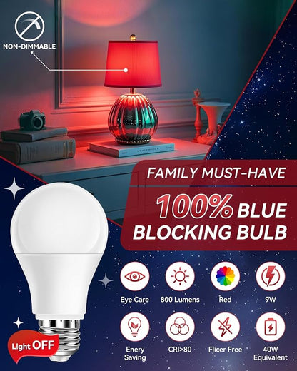 Neporal 3W 625nm Red Light Bulbs for Sleep, 100% Blue Light Blocking Bulb, Red Light Night Light for Melatonin Promoting, A19 40W Equivalent Dim Light Bulbs for Bedroom, Baby Nursery, 3 Pack