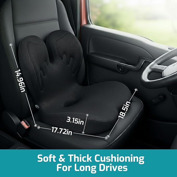 Trucker Seat Cushion, Car Seat Cushion Memory Foam Ergonomic Lumbar & Tailbone Support Pillow for Hemorrhoid, Coccyx & Sciatica Relief, for RV, SUV, Office Chair, Wheelchair (Black)