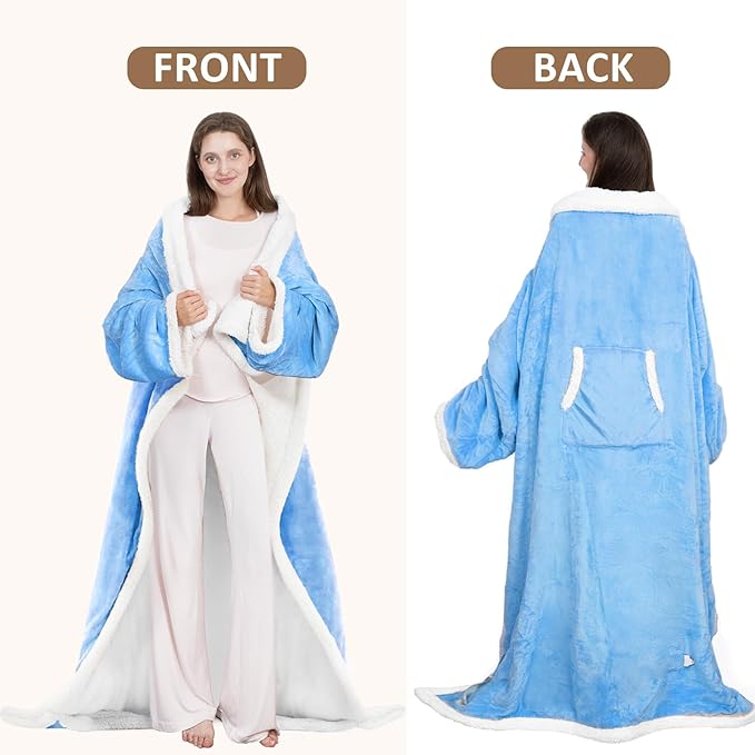 Wearable Heated Blanket with Foot Pocket, 52"x72" Electric Blanket with Sleeves for 12 Hours Timer, 6 Heat Settings, Flannel & Sherpa, Blue