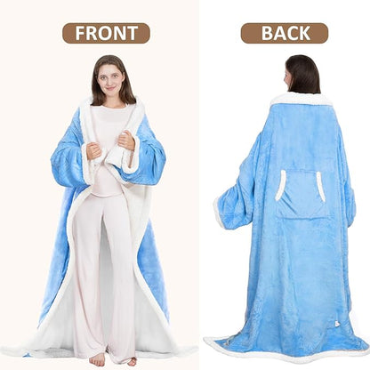 Wearable Heated Blanket with Foot Pocket, 52"x72" Electric Blanket with Sleeves for 12 Hours Timer, 6 Heat Settings, Flannel & Sherpa, Blue