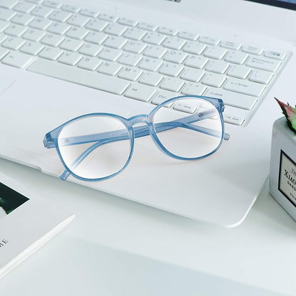 VisionGlobal Blue Light Blocking Glasses for Women/Men, Anti Eyestrain, Computer Reading, TV Glasses, Stylish Square Frame, Anti Glare(Clear Blue,No Magnification)