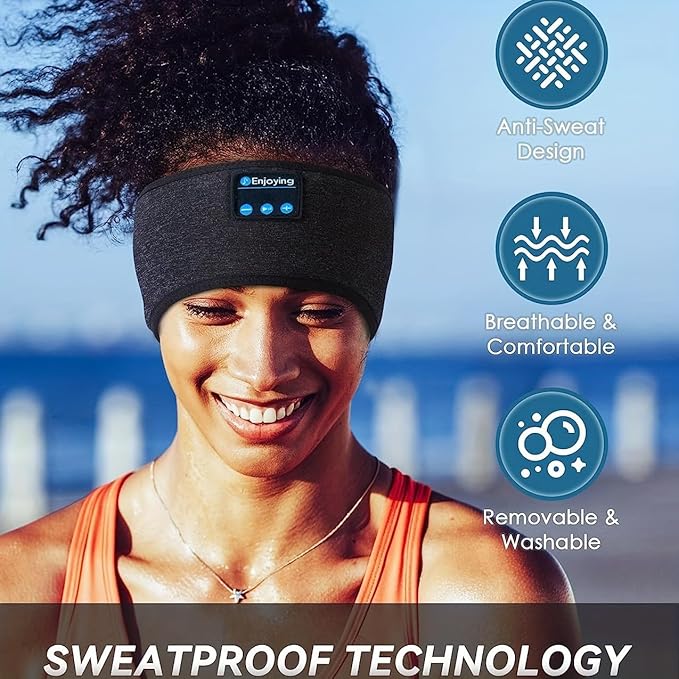 Wireless Bluetooth Sports Headband Headphones Ultra-Thin HD Stereo Perfect for Sleeping .Workout,Jogging,Yoga,Insomnia, Air Travel, Meditation Black