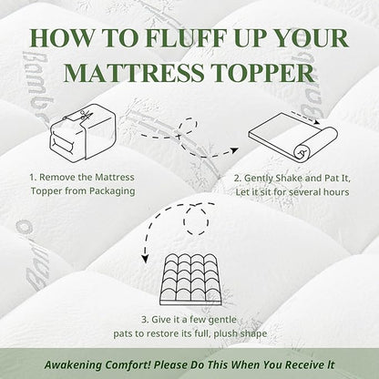Memory Foam Mattress Topper - Viscose Made from Bamboo Pillow Top Thick Queen Size Mattress Pad for Back Pain, Ultra Soft & Cooling for Hot Sleepers, 6-18'' Deep Pocket, White