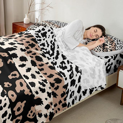 Manfei Leopard Sheet Set King Size,Cow Cowhide Fur Bed Sheet 4pcs with Deep Pocket Fitted Sheet + Flat Sheet + 2 Pillowcases,Animal Fur Stripes Design Soft Brown Bedding Set for Kids Teens Adult
