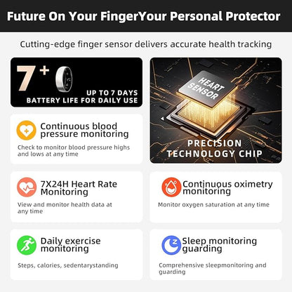 Smart Ring Titanium Fitness Sleep Tracker Health Monitoring Blood Pressure Blood Oxygen for iPhone and Android 7 Days Batterty Life (Black, 8) Full Charge First Use