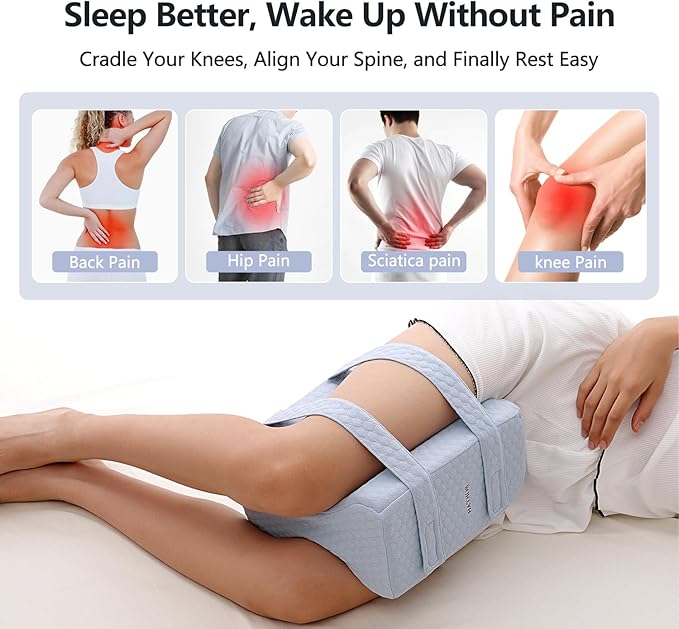 Knee Leg Pillow for Side Sleepers with Straps, Sciatica Sacroiliac Thigh Joints Hip-Back Pain Relief, Ergonomic Contour Encourages Natural Hip-to-Knee Alignment Pillow for Side Sleeping, Sky Blue