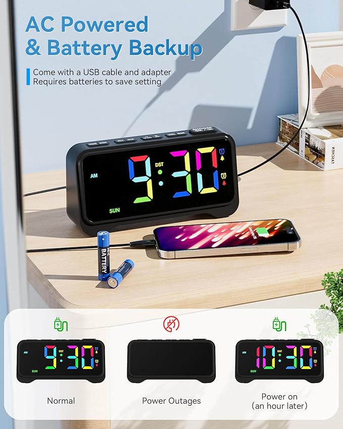 Alarm Clock for Kids Teens, Dynamic RGB Alarm Clock for Bedroom Bedside, Nightstand Desk Clock with Night Light, Large Numbers, 2 USB Phone Charger, Dimmer and Volume Control, Snooze, 12/24Hr