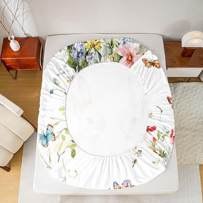 Cute Rabbits Bed Sheet Twin Size Easter Watercolor Spring Bedding Set Flower Floral Farmhouse Fitted Sheet Kids Boys Girls Room Decor White Colorful Soft Sheets with 1 Pillowcase,No Top Flat