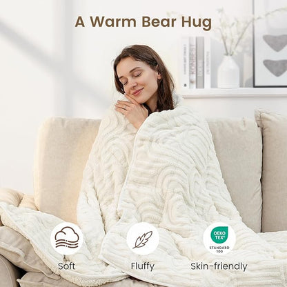 Sherpa Fleece Adult Weighted Blanket Great for Sleep, 15 lbs Dual Sided Soft Fuzzy Heavy Blankets for Couch Bed Sofa, Cozy Warm Arched Jacquard Throw for Winter (Cream White, 48" x 72", 15 Pounds)