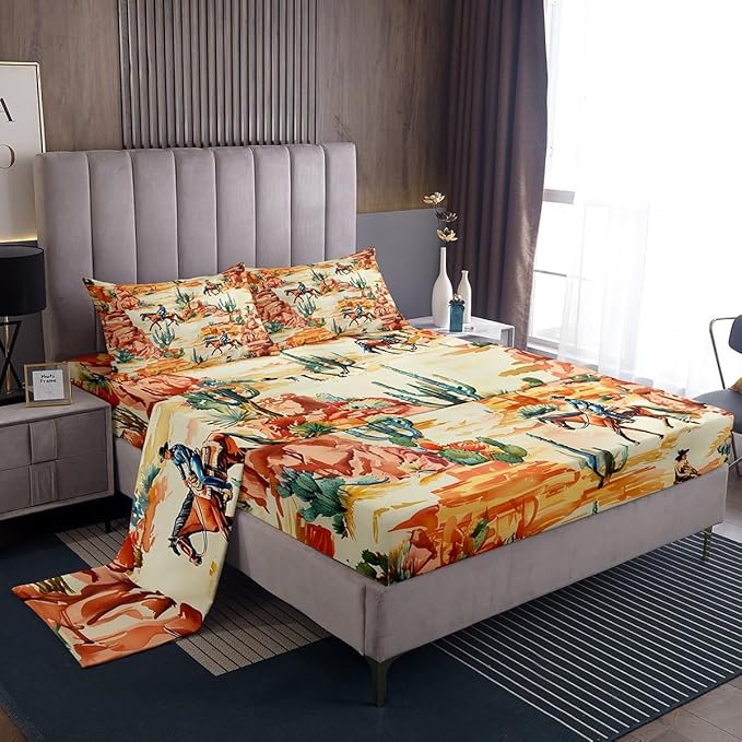 Manfei Western Cowboy Kids Sheet Full Size,Cactus Desert Southwest Country Bedding Set, Boho Rustic Farmhouse Kids Room Decor,Orange Green Sheet(Fitted+Flat+2 Pillowcases)