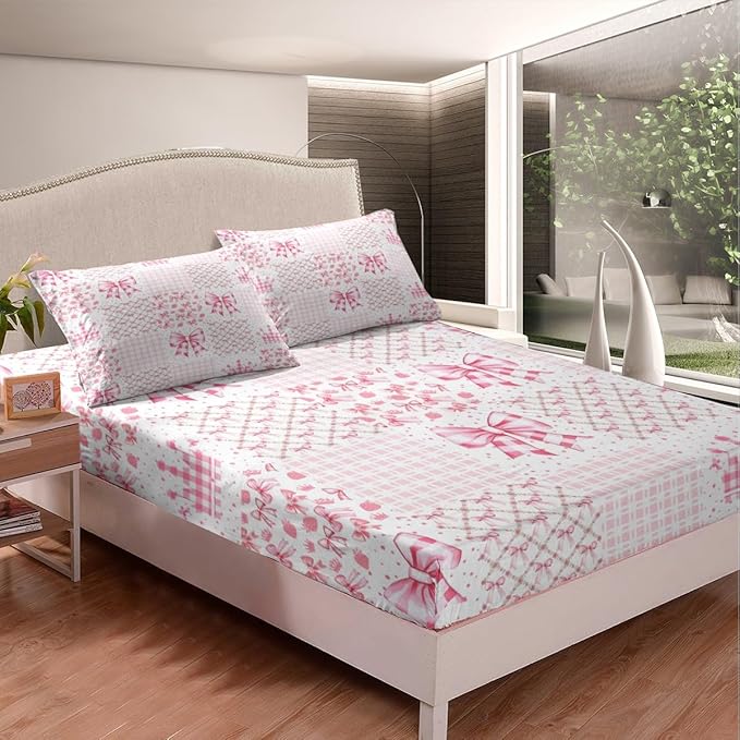 Princess Crown Bed Cover(1 Fitted Sheet+1 Pillow Case),Geometric Pink White Plaids Patchwork Bedding Set,Kawaii Bowknot Fairy Tale Bow-tie Fantasy Bed Sheet Set,3Pcs Full Size
