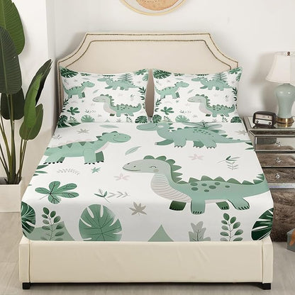 Cartoon Dinosaur Kids Fitted Sheet Queen Size,Palm Leaves Tropical Plants Botanical Bedding Set,Boys Girls Room Decor,Cute Dinosaur Retro Animals Bed Cover,Green Bed Sheet,2 Pillowcases