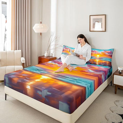 Beach Kids Queen Size Fitted Sheet,Ocean Coastal Sunset Sea Room Decor,Summer Hawaii Fashion Boys Girls Bed Sheets,Orange Blue Bedding Set,2 Pillowcases(No Flat)