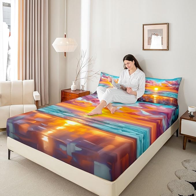 Beach Kids Full Size Fitted Sheet,Sunset Hawaii Ocean Summer Boys Girls Bed Sheets,Abstract Seashore Coastal Room Decor,Orange Blue Bedding Set,2 Pillowcases(No Flat)