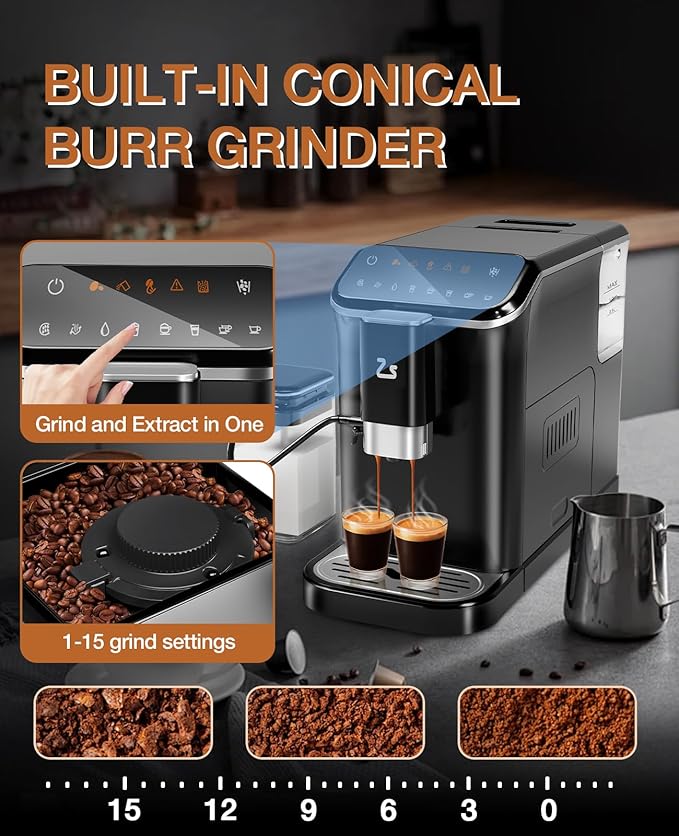 Fully Automatic Espresso Machine, Espresso & Coffee Machine with Automatic Milk Frother, Built-In & Adjustable Espresso Bean Grinder, Touch Screen Coffee Machine with 1.5 L Water Tank