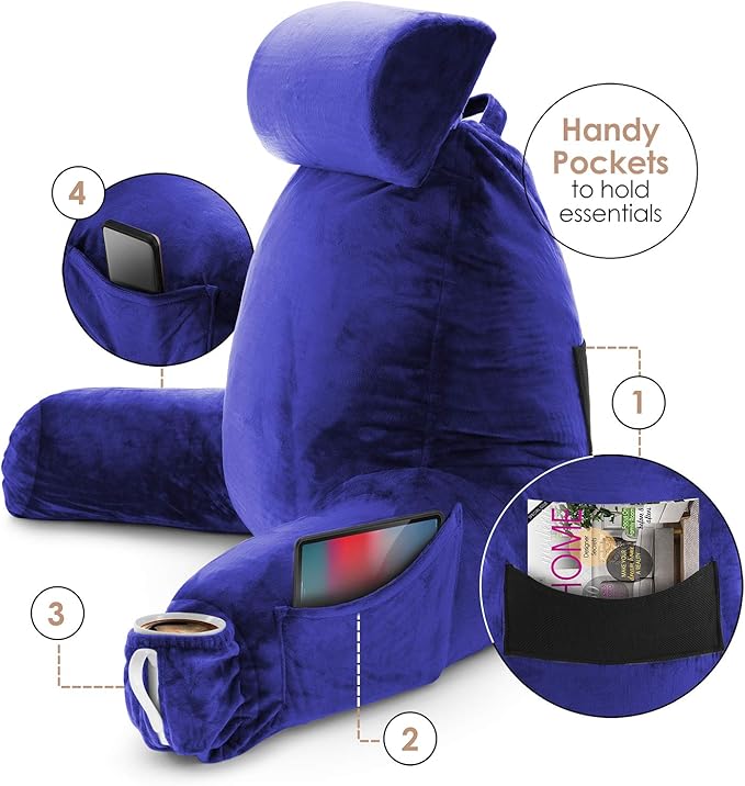 Nestl Reading Pillow with Shredded Memory Foam Includes 2 Neck and Lumber Support Pillows, Designed for Sitting Up in Bed and Couch, Back and Arms Adjustable Support for Adult & Teens, Royal Blue