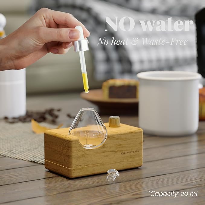 Waterdrop Glass Essential Oil Diffuser with Handmade Wood Base for Aromatherapy, Waterless Scent Diffuser for Yoga Home Office, Portable & Cordless Oil Nebulizer with LED & Timer, Gift of Fragrance