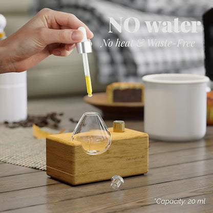 Waterdrop Glass Essential Oil Diffuser with Handmade Wood Base for Aromatherapy, Waterless Scent Diffuser for Yoga Home Office, Portable & Cordless Oil Nebulizer with LED & Timer, Gift of Fragrance