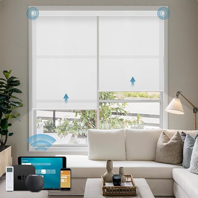 Motorized Shades Work with HomeKit Over Thread,70% Blackout Light Filtering Blinds for Window, Smart Shades with Remote, APP/Voice Control,Custom up110''Wx148''H,Classic White
