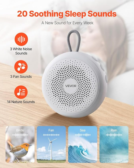 VEVOR Sound Machine, 20 Soothing Sleep Sounds, 4-in-1 Hangable White Noise Sound Machine with Auto-Off Timer, Soft Ring Light, Memory Function and Child Lock, for Baby, Adults, Home, Office & Travel