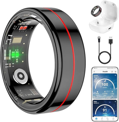 Fit Ring for Women Men, Ring Health Tracker with Heart Rate,Blood Oxygen,Heart Rate Variability, Stress, Sleep Monitor, Step Counter, Smart Ring for iPhone & Android, No Subscription Fee (Black, 8#)