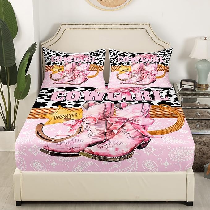 Western Cowgirl Fitted Sheet,Full Size Pink Bowknot Boots American Tribal Hoseshoe Collections,Boho Paisley Rustic Cowhide Patchwork Bedding Deep Pocket for Teens Young with 2 Pillowcases