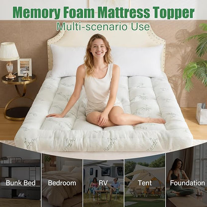 WhatsBedding 5 Inch Memory Foam Mattress Topper Queen Size for Back Pain Relief, Cooling Breathable Bamboo Viscose Air Layer, Comfort Thick Pillow Top Mattress Topper, 2000 GSM Fill