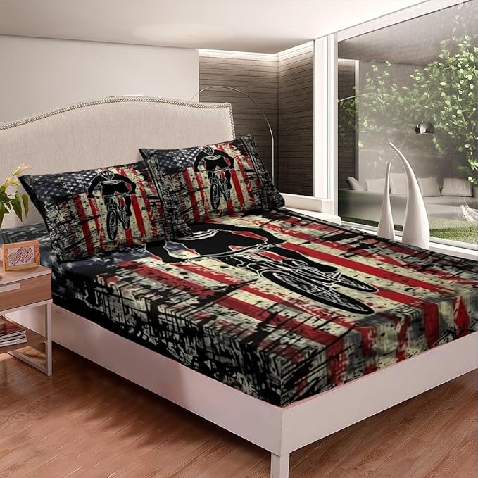 Manfei Cycling Fitted Sheet Twin Size, American Flag Bicycle Player Bedding Set 2pcs, Racing Sports Theme Bed Cover with 1 Pillowcase, Kids Boys Teens Room Decor, Soft Bedding(No Top Sheet)
