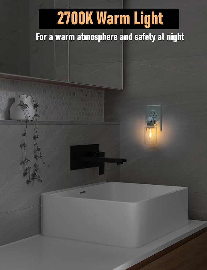 Modern Plug in Night Light with On Off Switch, 2-Pack 0.5W LED Night Lights Plug into Wall Socket, Warm Baby Nursery Nightlight with Clear Glass Lamp Shade for Adult Kids Room Bathroom Hallway
