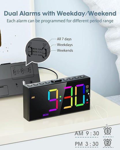 Roxicosly RGB Display Vibrating Alarm Clock with Bed Shaker for Heavy Sleepers Adults, 7-Level Dimmer, Dual Alarms with Weekday & Weekend Mode, Large Digits, Snooze, USB Charger, Battery Backup